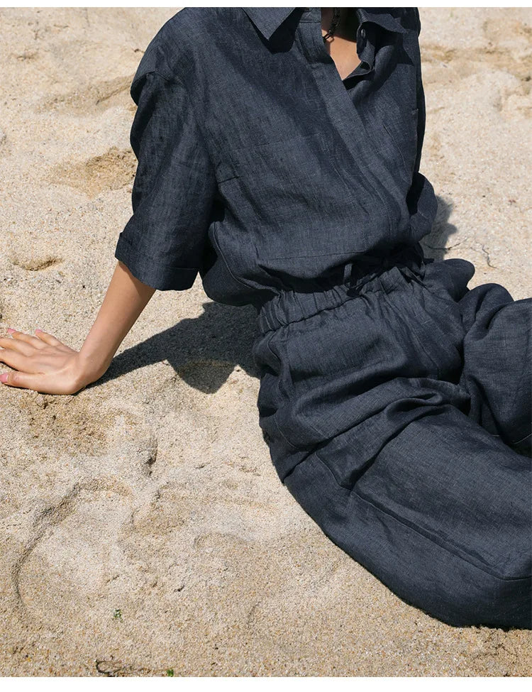 SCARLETT - Charcoal Linen Jumpsuit with Drawstring Waist