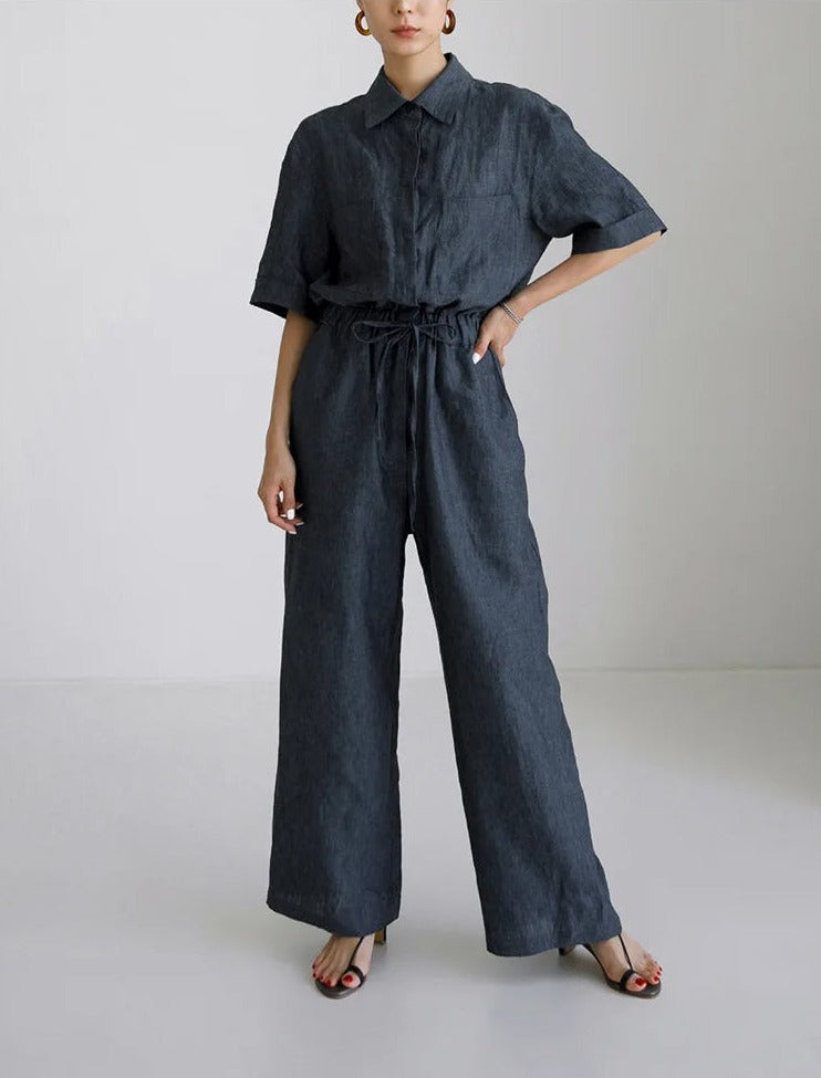 SCARLETT - Charcoal Linen Jumpsuit with Drawstring Waist