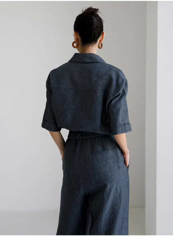 SCARLETT - Charcoal Linen Jumpsuit with Drawstring Waist