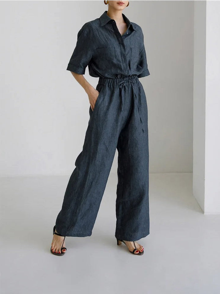 SCARLETT - Charcoal Linen Jumpsuit with Drawstring Waist