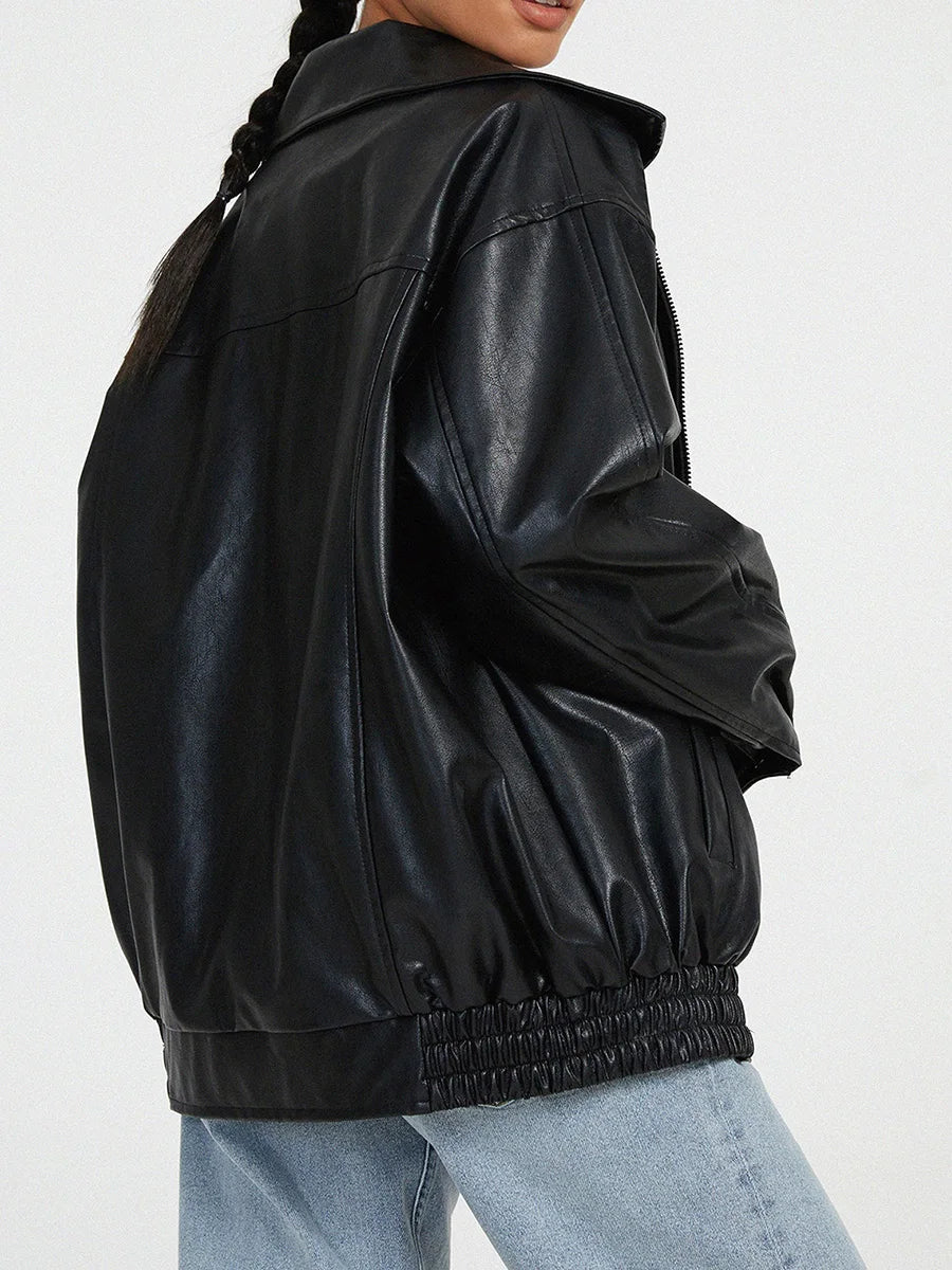 YUNEY – Oversized Vegan Leather Bomber Jacket