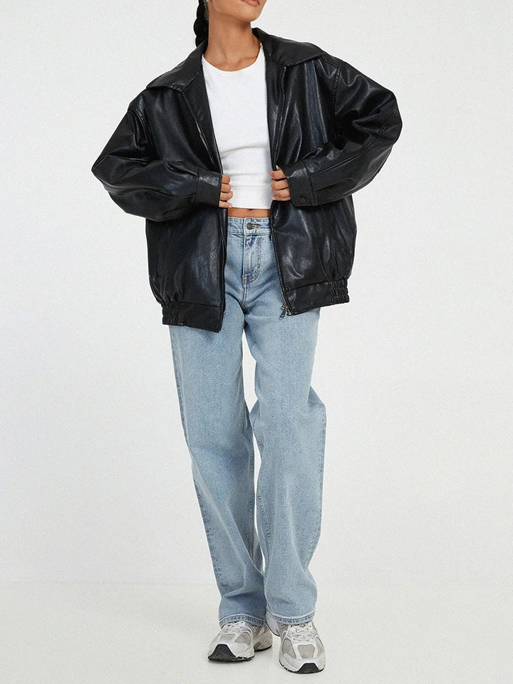 YUNEY – Oversized Vegan Leather Bomber Jacket
