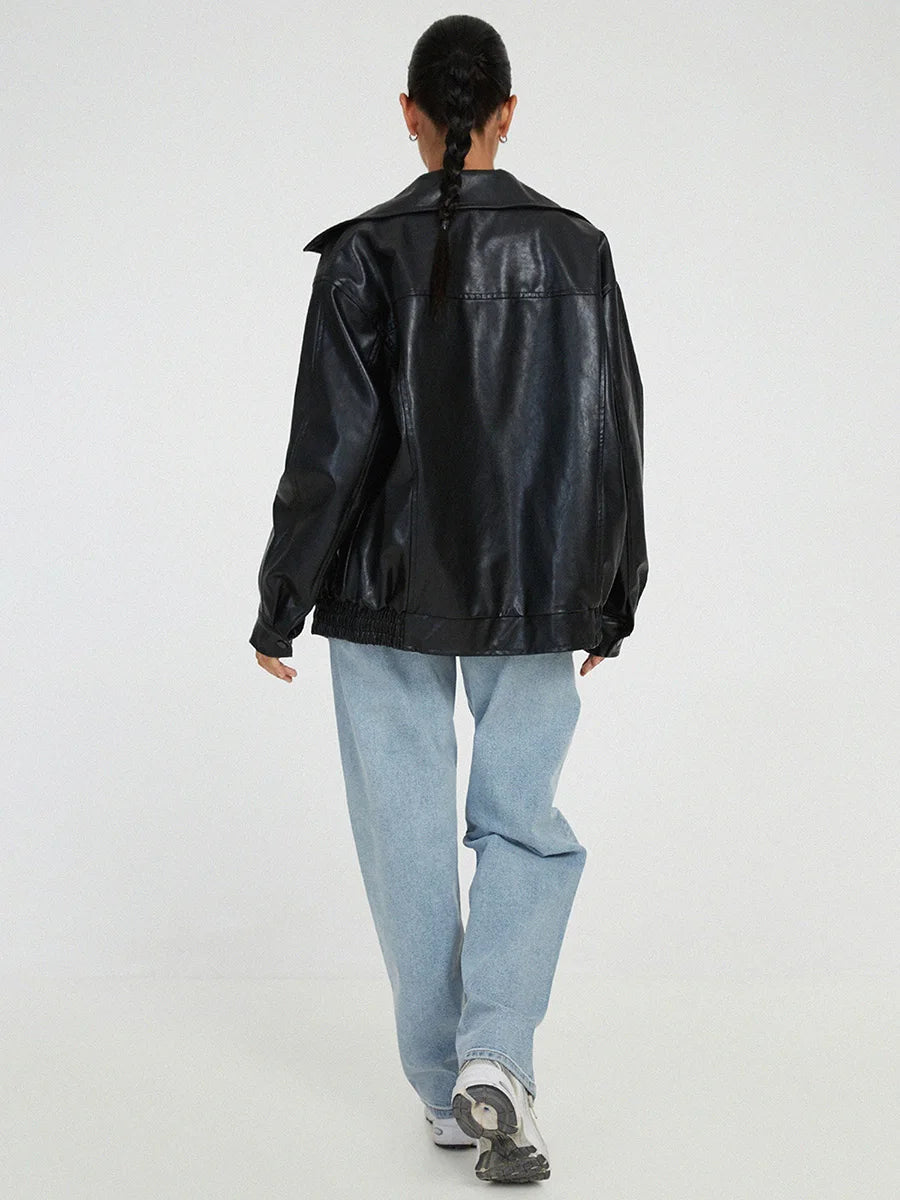 YUNEY – Oversized Vegan Leather Bomber Jacket