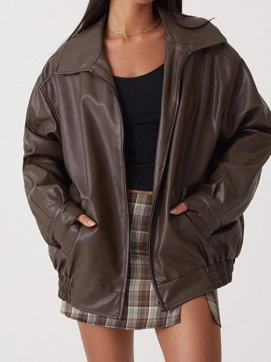 YUNEY – Oversized Vegan Leather Bomber Jacket
