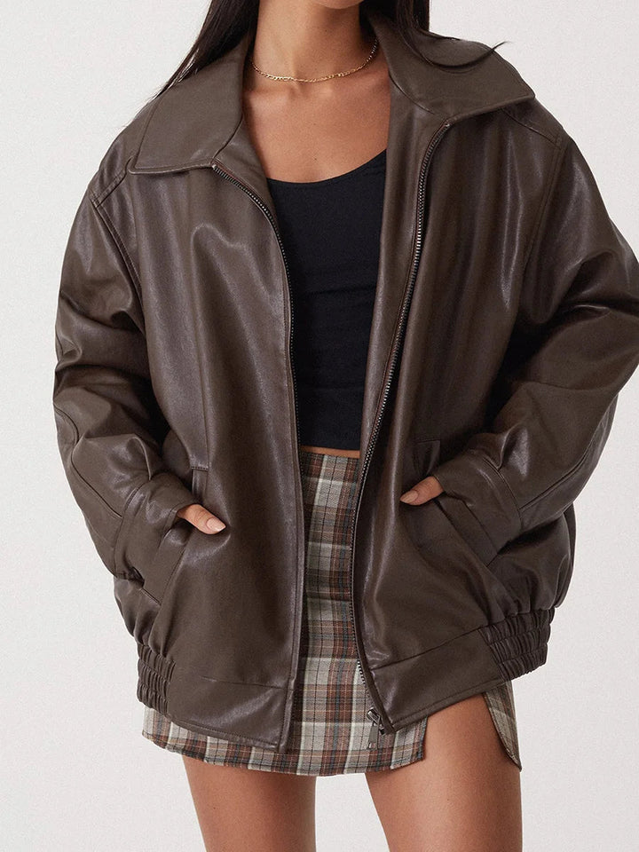 YUNEY – Oversized Vegan Leather Bomber Jacket