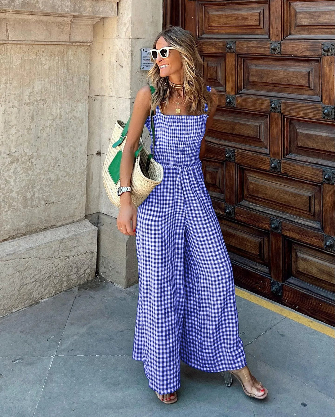 THEA – Green Gingham Wide-Leg Jumpsuit