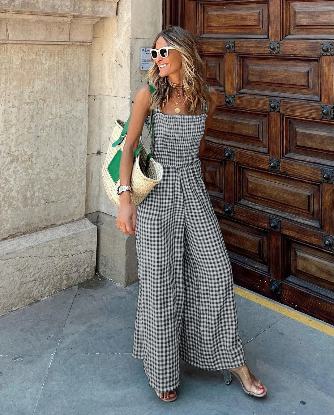 THEA – Green Gingham Wide-Leg Jumpsuit