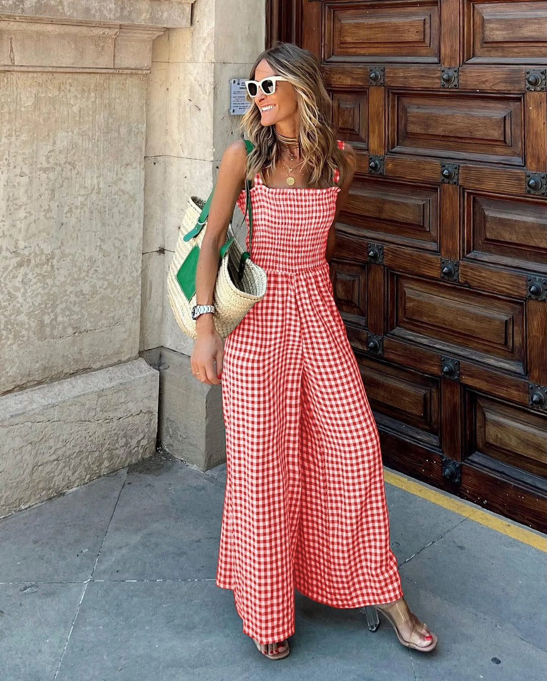 THEA – Green Gingham Wide-Leg Jumpsuit