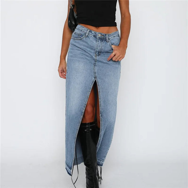 PAZAS – Denim Maxi Skirt with Front Slit