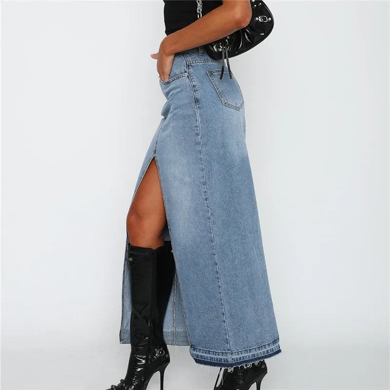 PAZAS – Denim Maxi Skirt with Front Slit