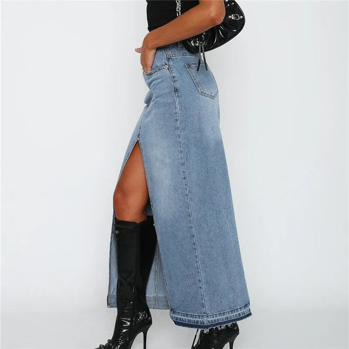PAZAS – Denim Maxi Skirt with Front Slit
