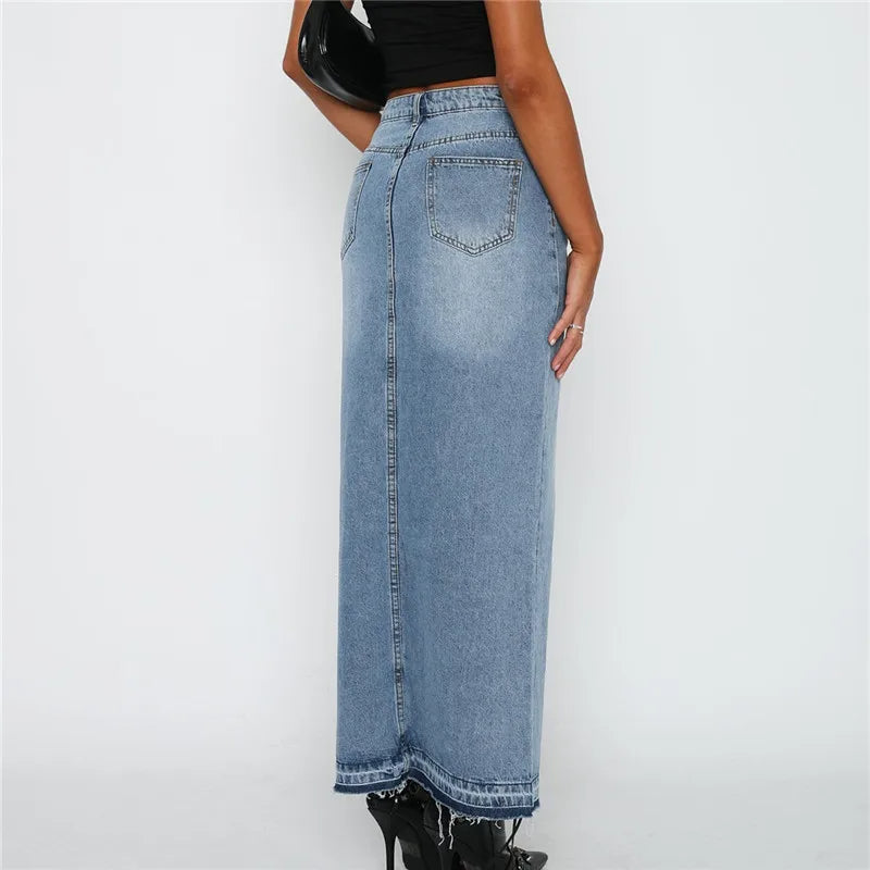 PAZAS – Denim Maxi Skirt with Front Slit