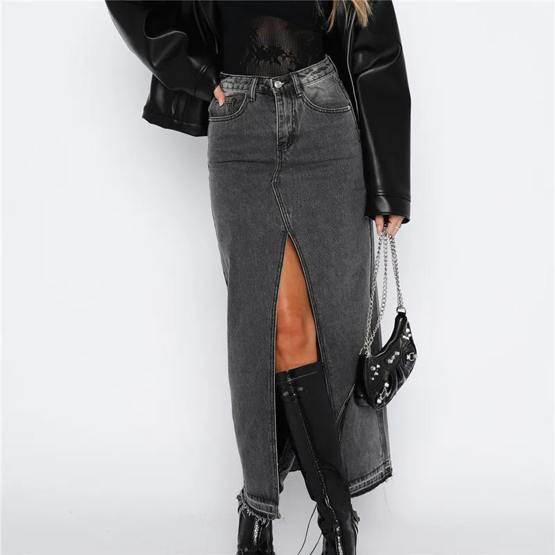 PAZAS – Denim Maxi Skirt with Front Slit