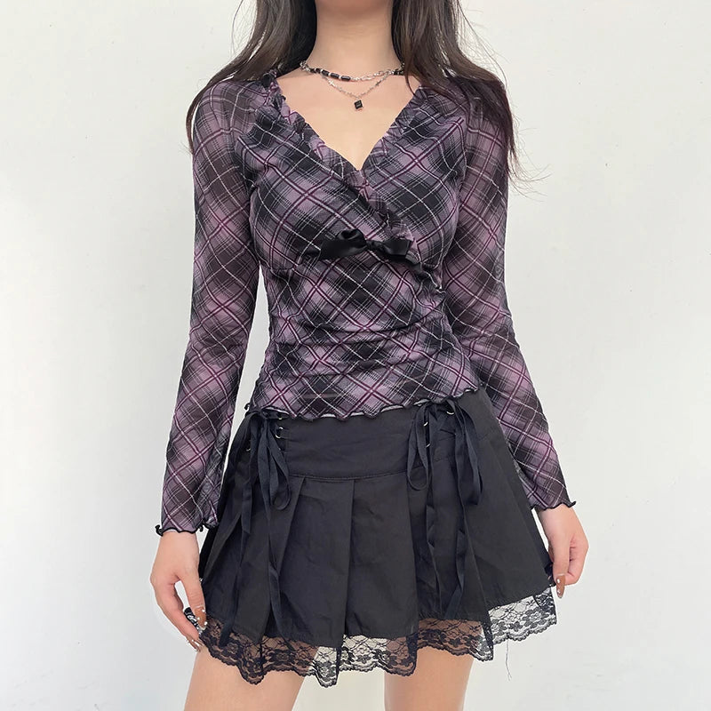 SERENZA - Ruffled Plaid V-Neck Blouse