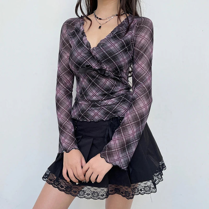 SERENZA - Ruffled Plaid V-Neck Blouse