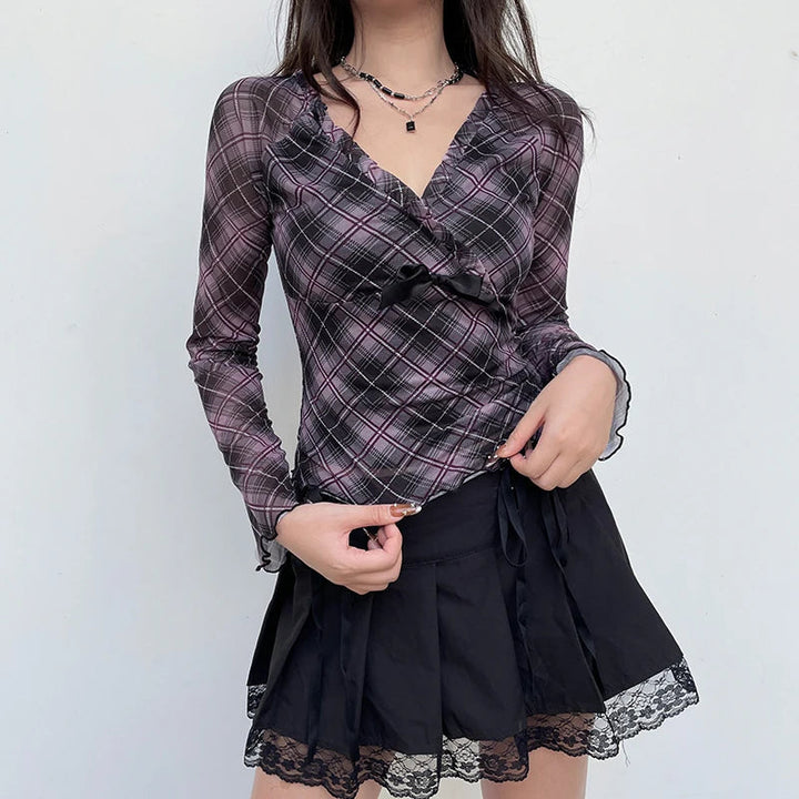 SERENZA - Ruffled Plaid V-Neck Blouse