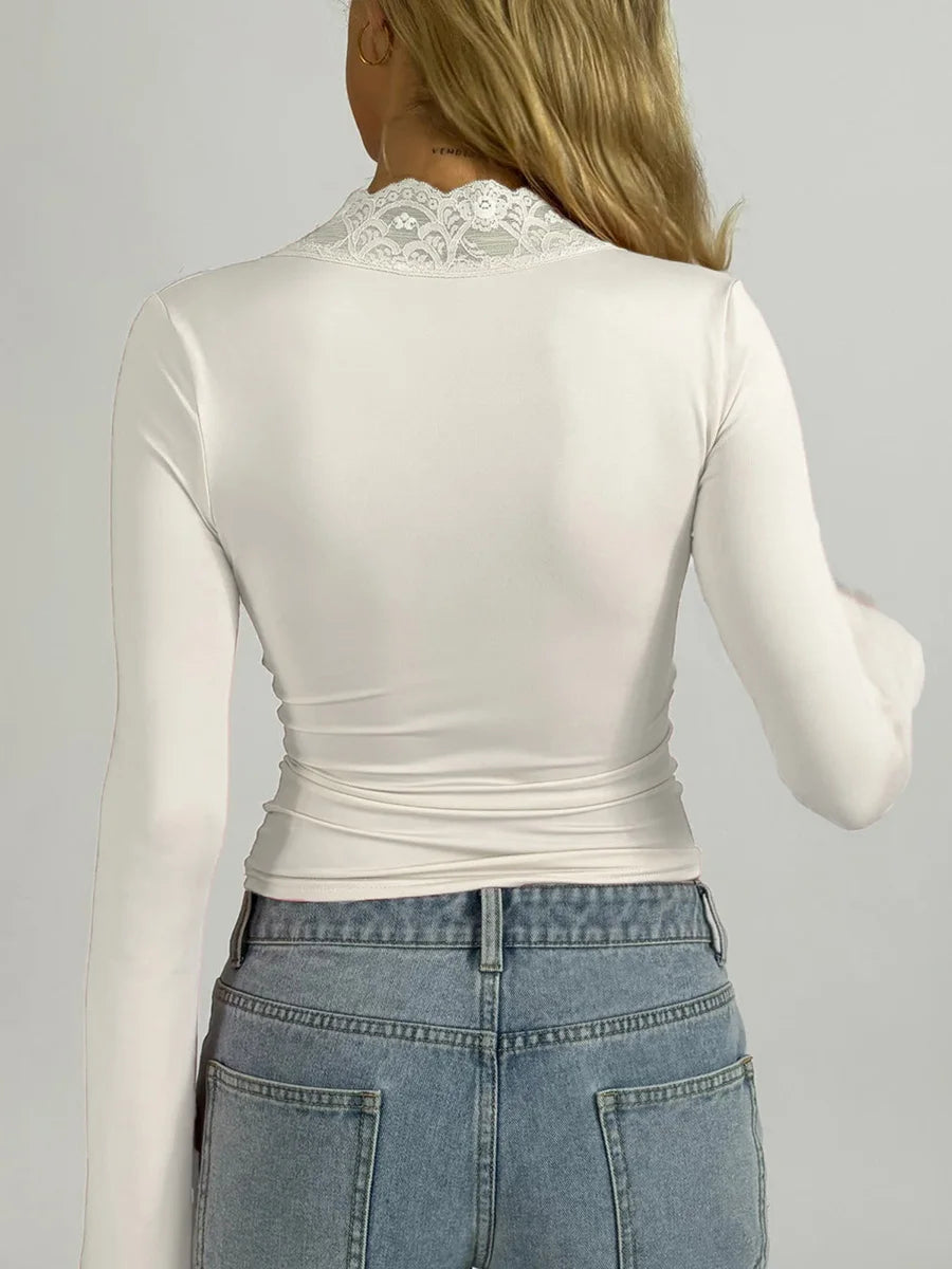 ELOISE - Lace Trim Long Sleeve Crop Top