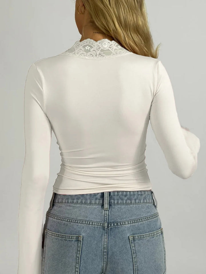 ELOISE - Lace Trim Long Sleeve Crop Top