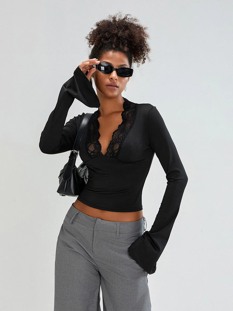 ELOISE - Lace Trim Long Sleeve Crop Top