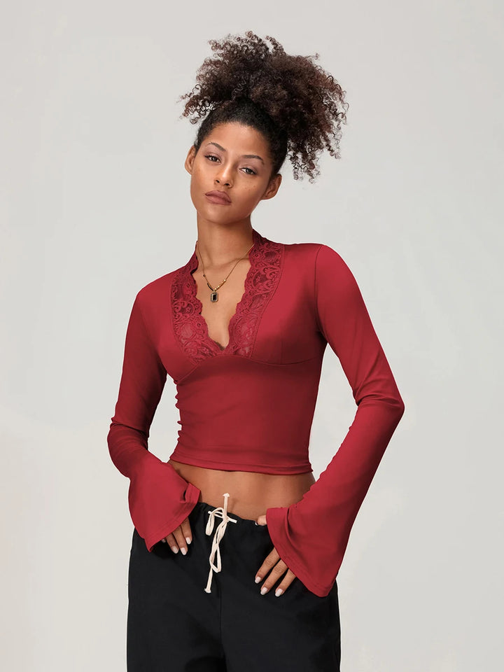 ELOISE - Lace Trim Long Sleeve Crop Top