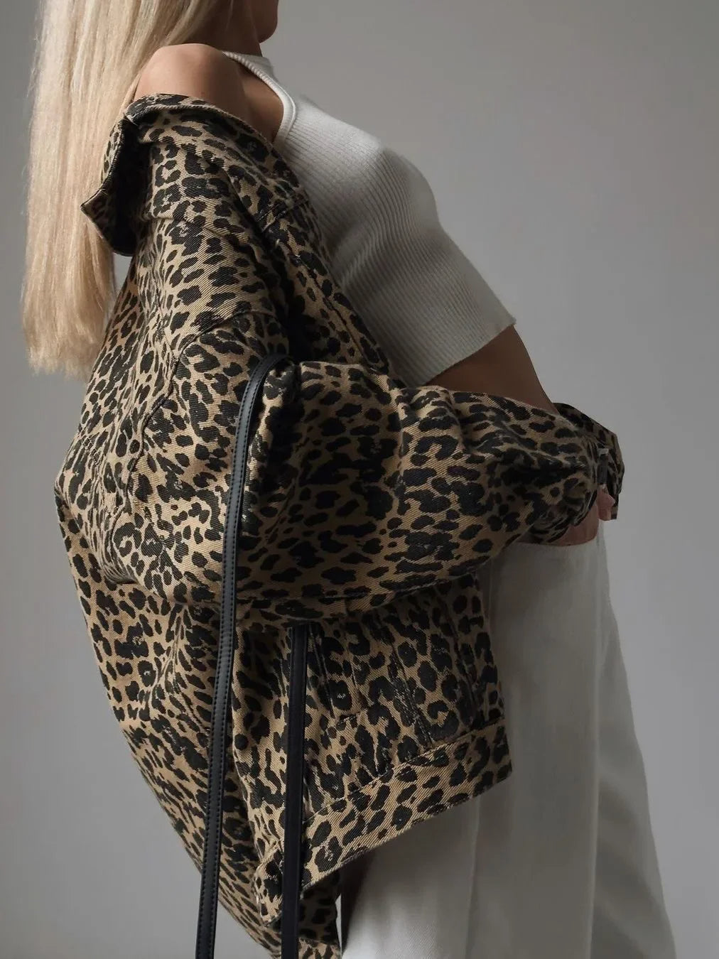 MIMI - Women's Leopard Print Relaxed Fit Denim Jacket