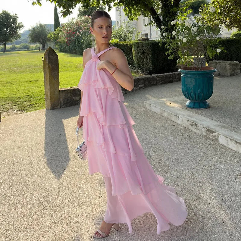 AURORI – Layered Ruffle Halter Maxi Dress