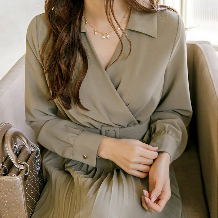 INDI - Women’s Pleated Belted Midi Dress