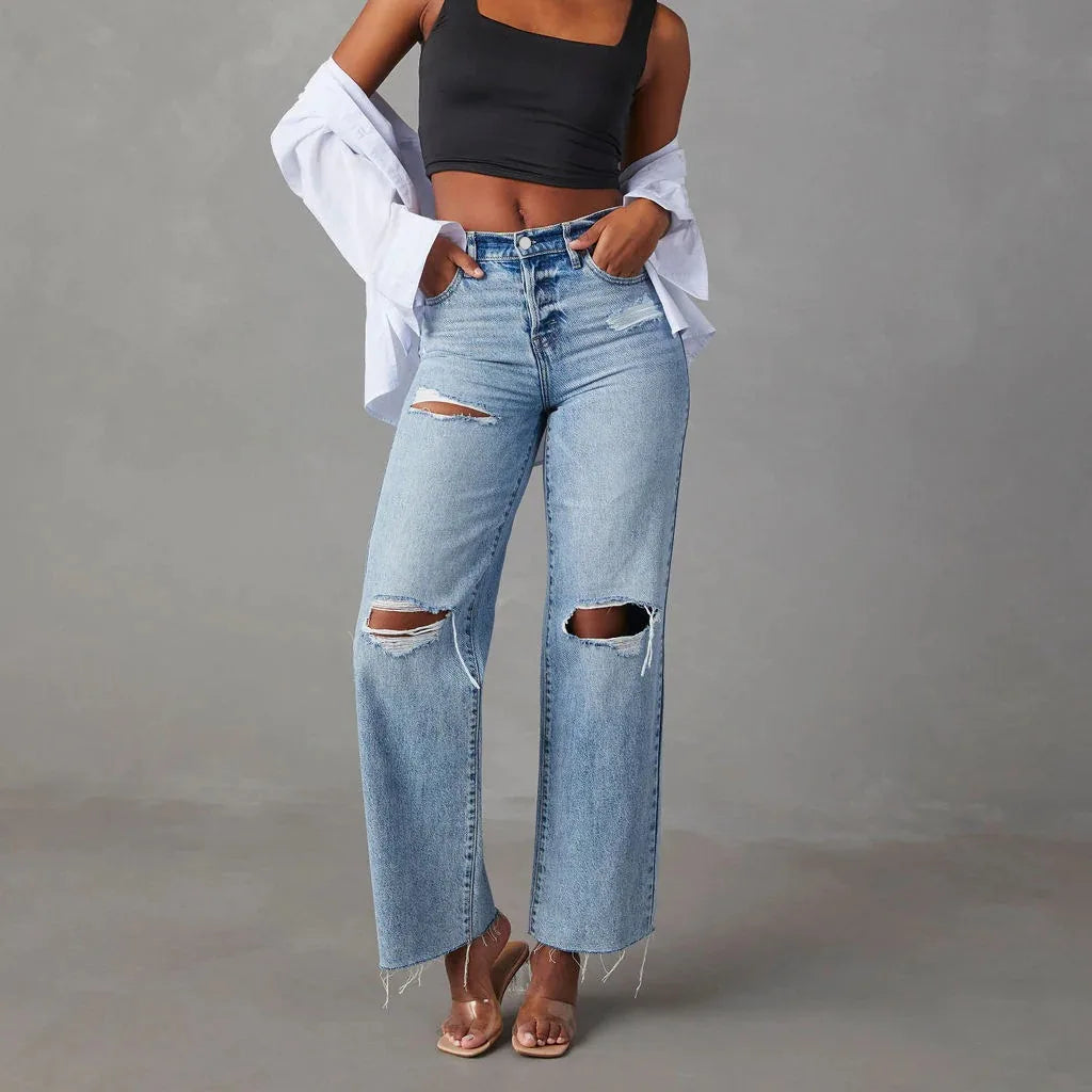 BLOSSOM - High Waist Ripped Straight Leg Jeans