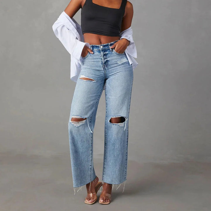 BLOSSOM - High Waist Ripped Straight Leg Jeans