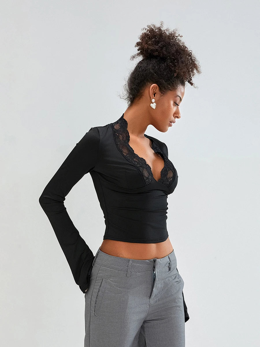 ELOISE - Lace Trim Long Sleeve Crop Top