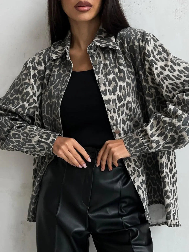 MIMI - Women's Leopard Print Relaxed Fit Denim Jacket