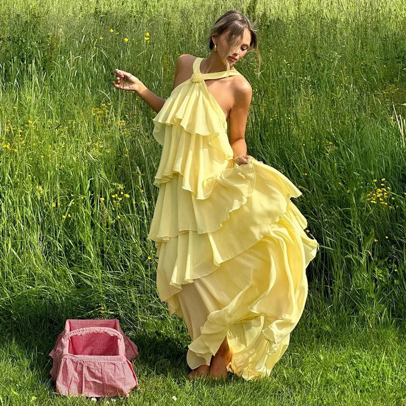 AURORI – Layered Ruffle Halter Maxi Dress