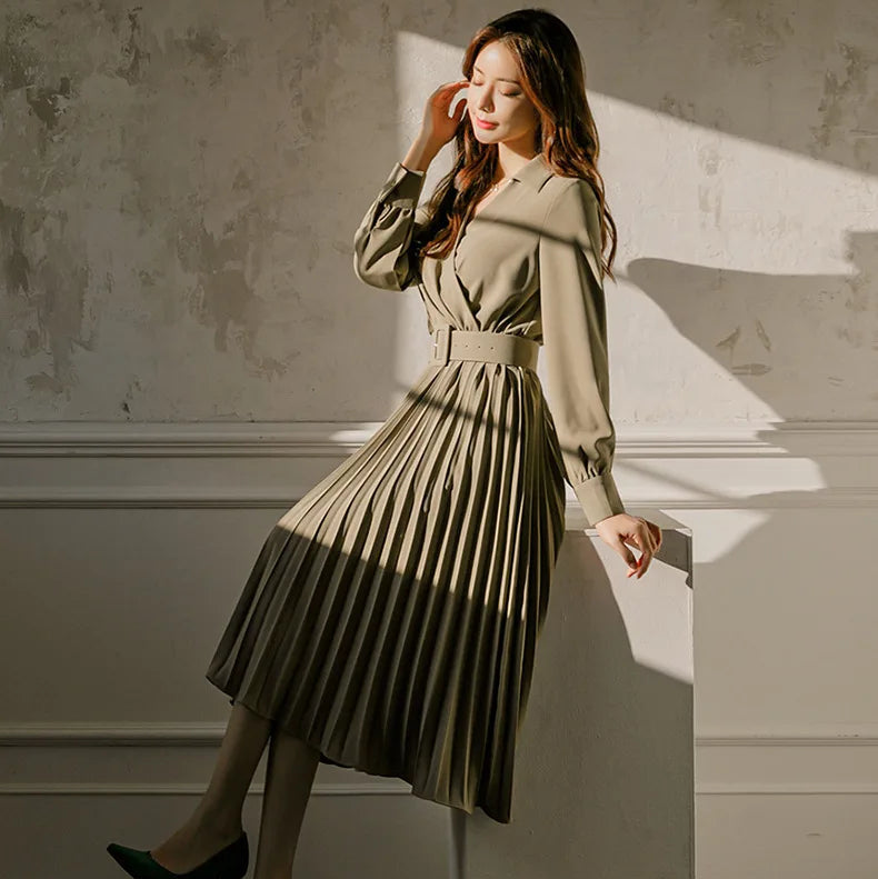 INDI - Women’s Pleated Belted Midi Dress