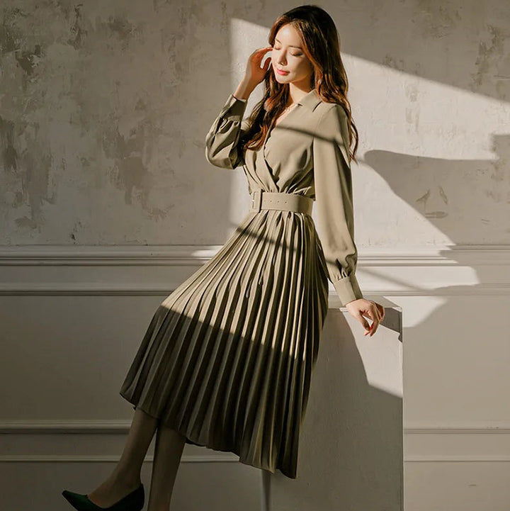 INDI - Women’s Pleated Belted Midi Dress