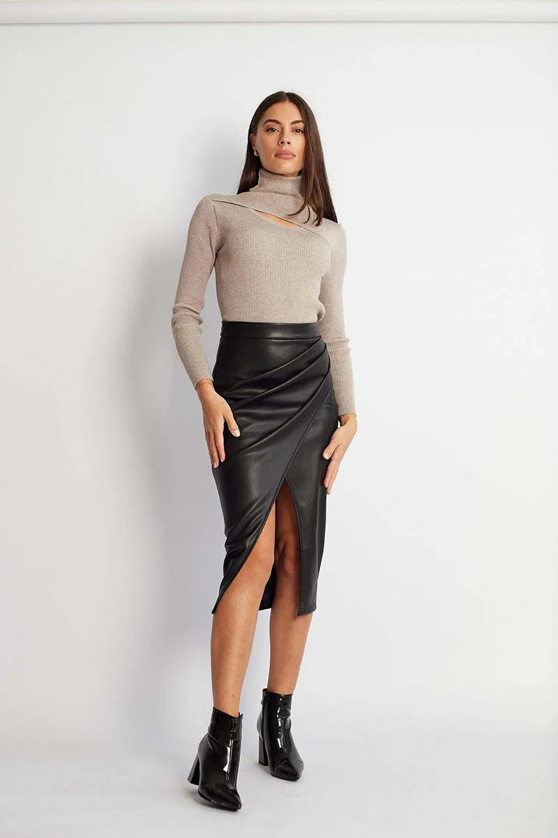 NORA - Vegan Leather Wrap Midi Skirt