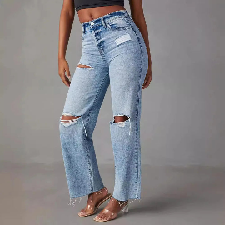 BLOSSOM - High Waist Ripped Straight Leg Jeans