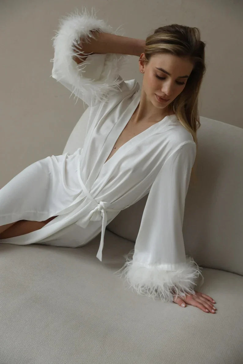 SHERAH - Feather Trim Satin Long Robe