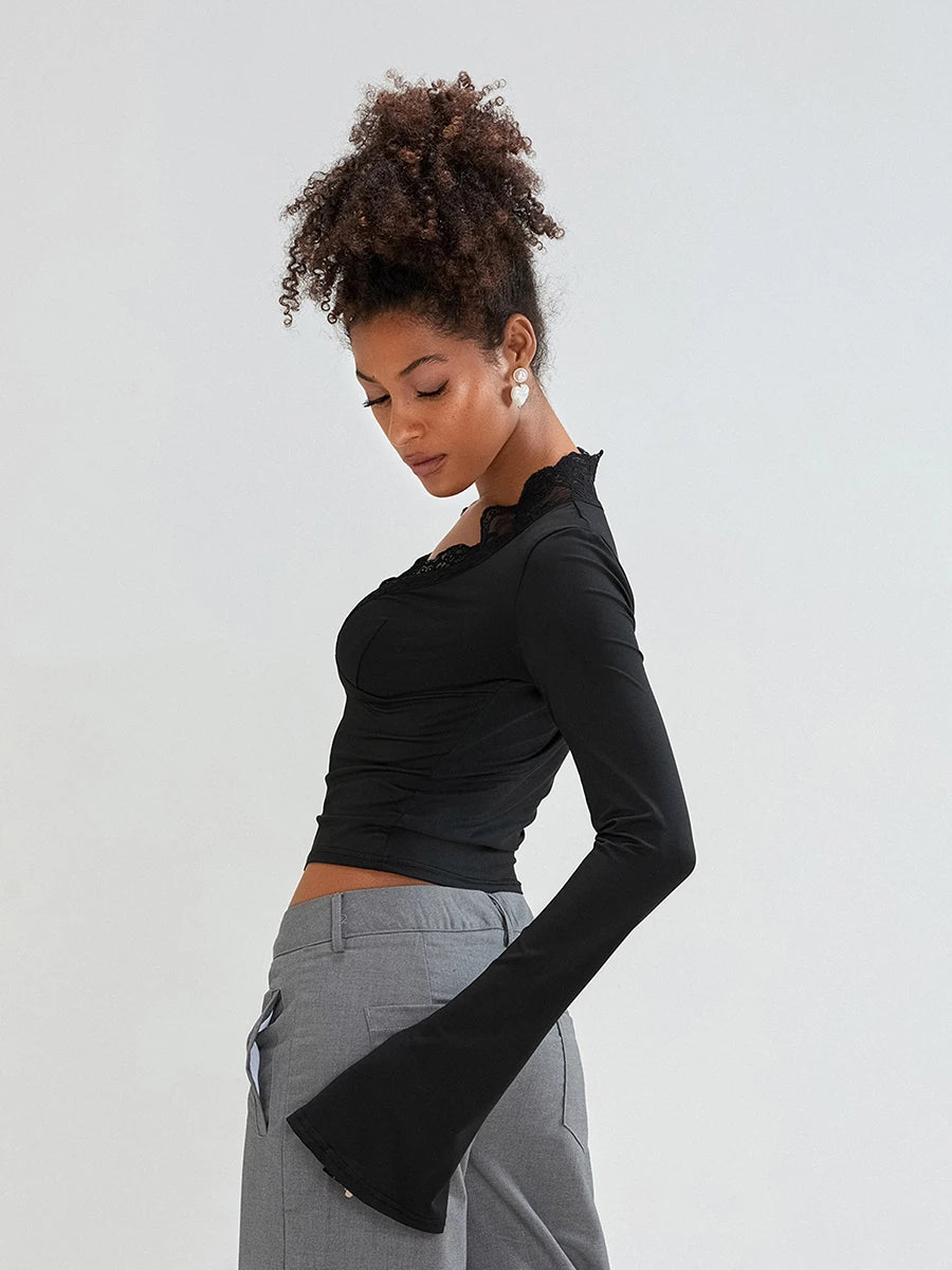 ELOISE - Lace Trim Long Sleeve Crop Top