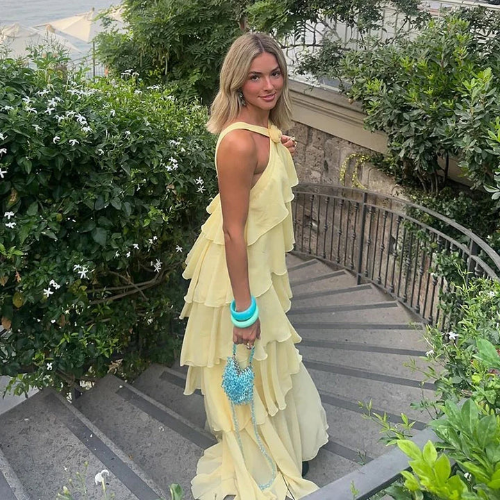 AURORI – Layered Ruffle Halter Maxi Dress