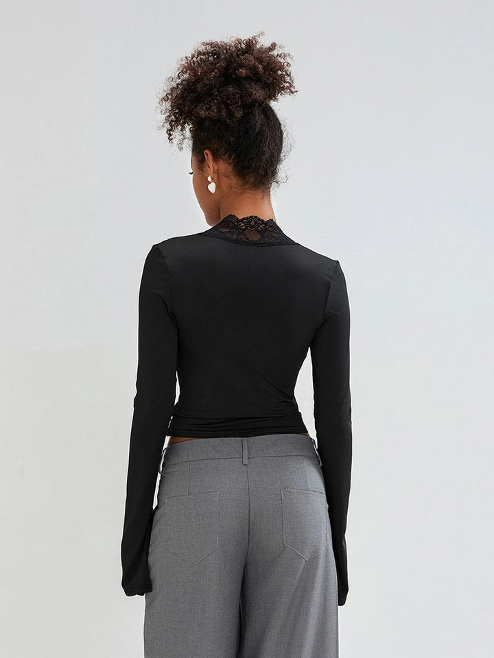 ELOISE - Lace Trim Long Sleeve Crop Top