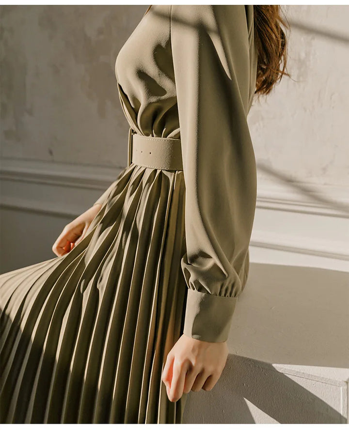 INDI - Women’s Pleated Belted Midi Dress