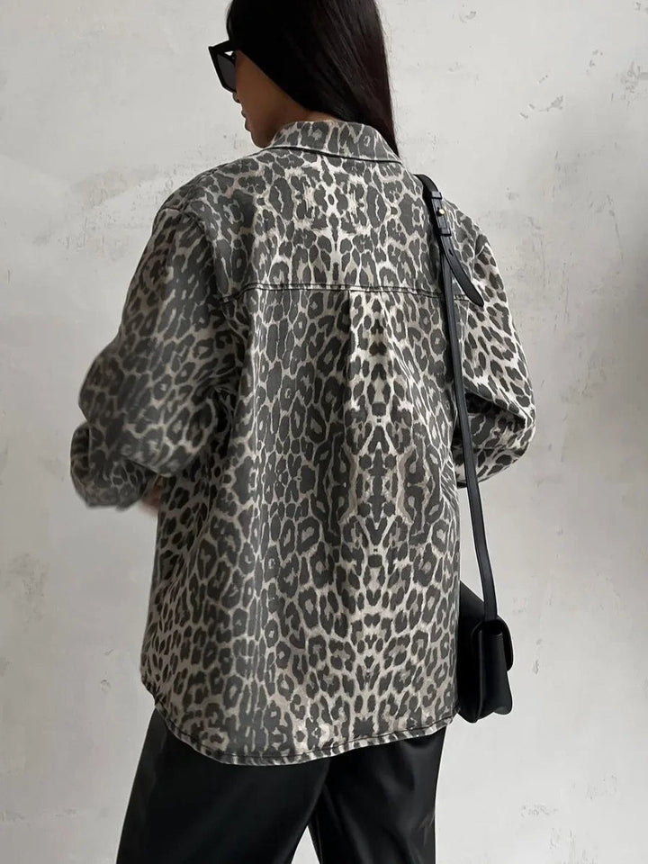 MIMI - Women's Leopard Print Relaxed Fit Denim Jacket