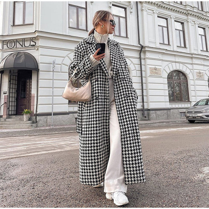 HOUNDSTOOTH - Classic Long Trench Coat for Women