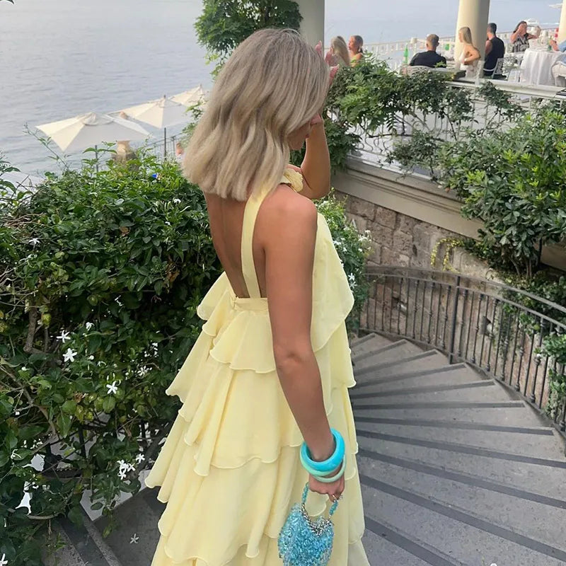AURORI – Layered Ruffle Halter Maxi Dress