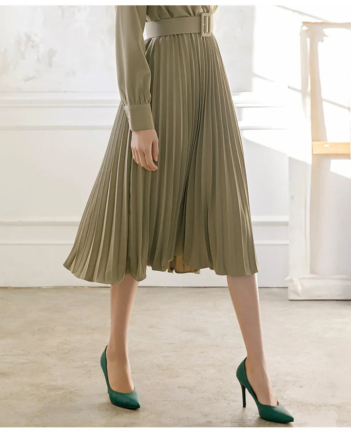 INDI - Women’s Pleated Belted Midi Dress