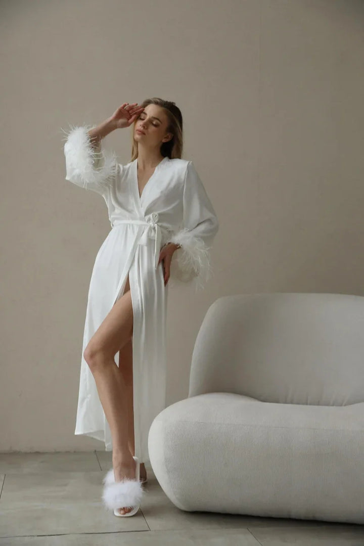 SHERAH - Feather Trim Satin Long Robe