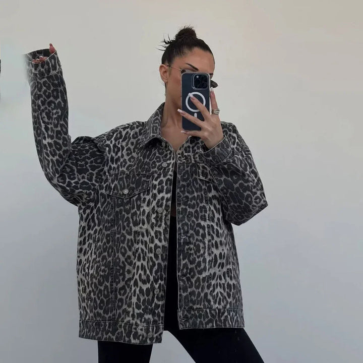 MIMI - Women's Leopard Print Relaxed Fit Denim Jacket