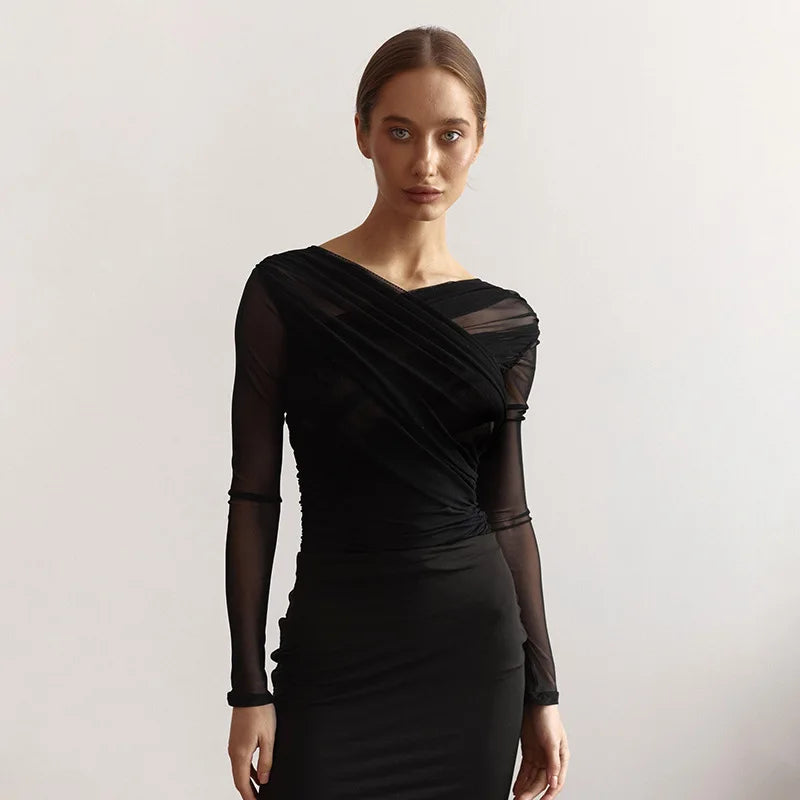 SYLVIA - Sheer Mesh Ruched Long Sleeve Top