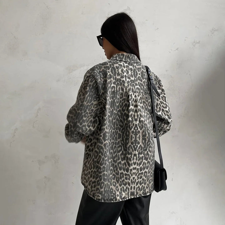 MIMI - Women's Leopard Print Relaxed Fit Denim Jacket