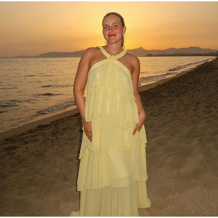 AURORI – Layered Ruffle Halter Maxi Dress